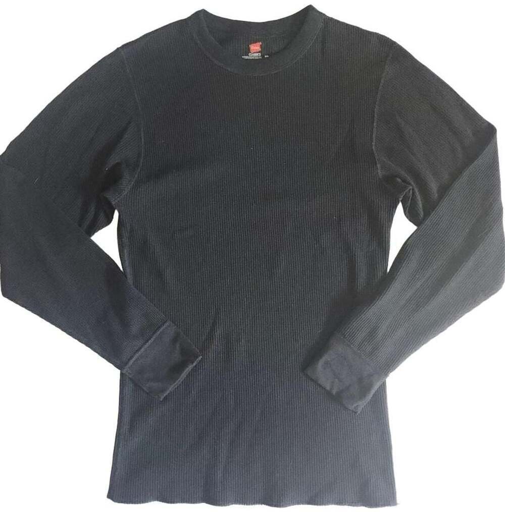 Hanes Classics Black Waffle Knit Thermal Long Sleeve Crewneck Slim Fit Top Size
